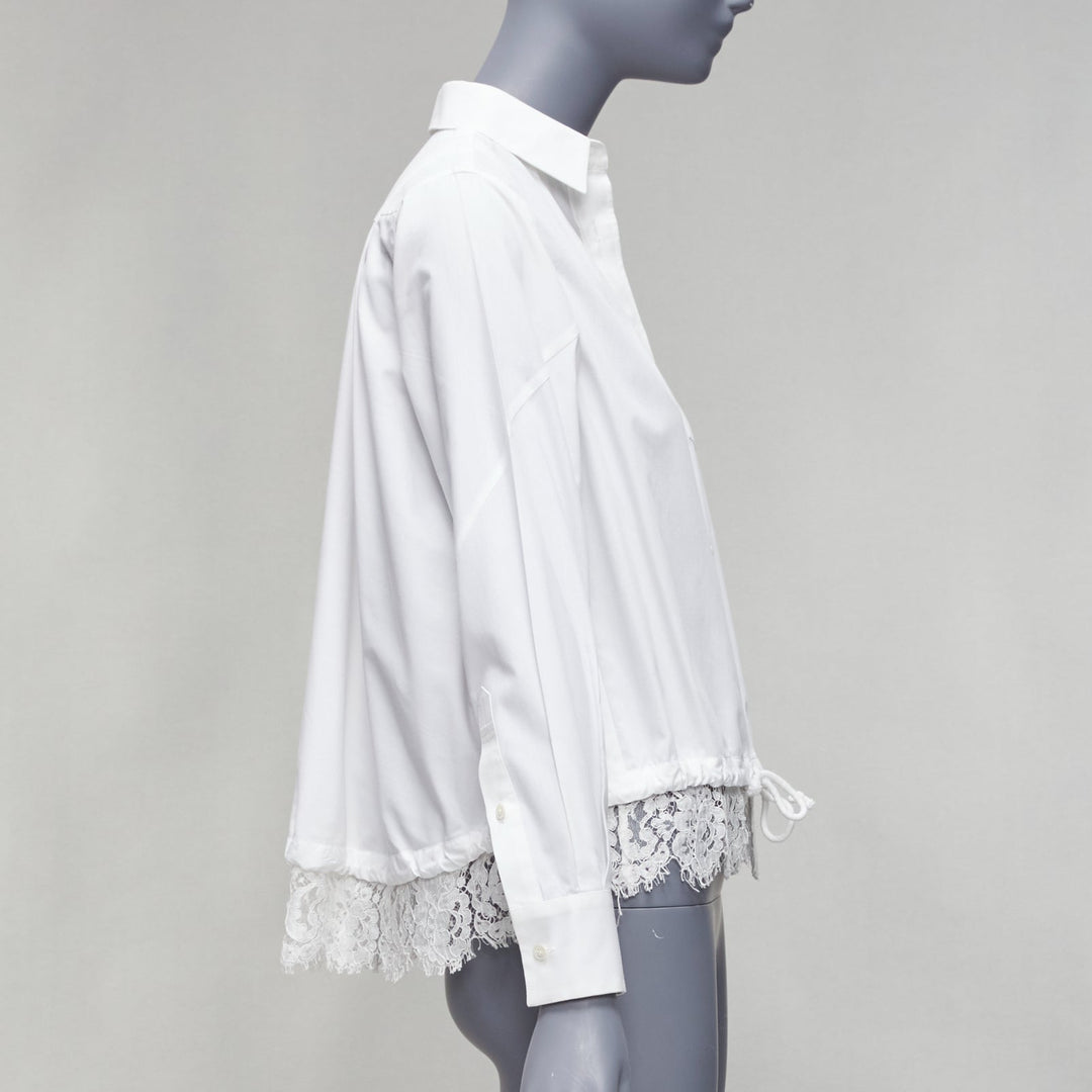 SACAI 2015 white floral lace hem bungee cord pocketed cropped shirt JP1 S