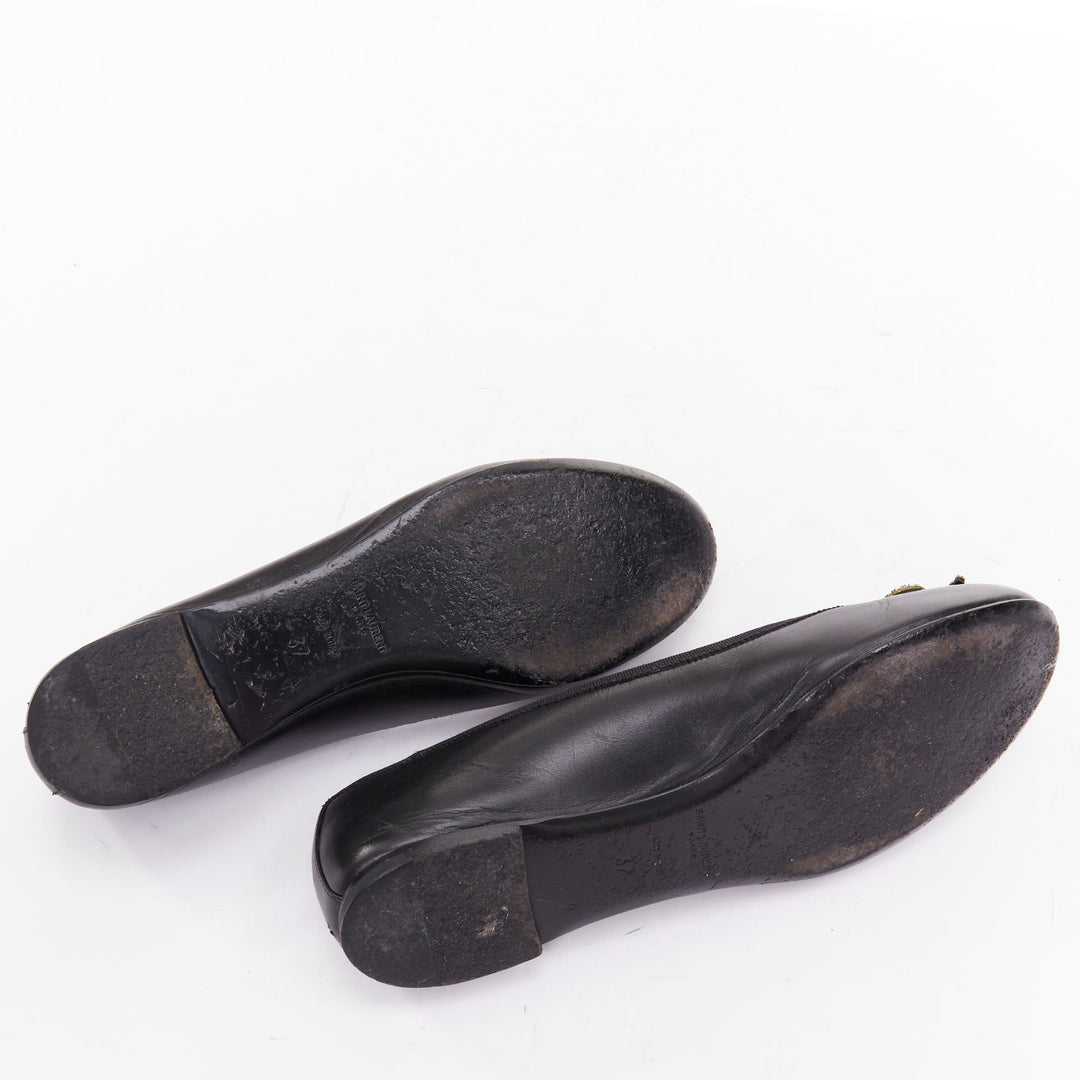 SAINT LAURENT Seta black leather rhinestone crystal bow ballerina flats EU37