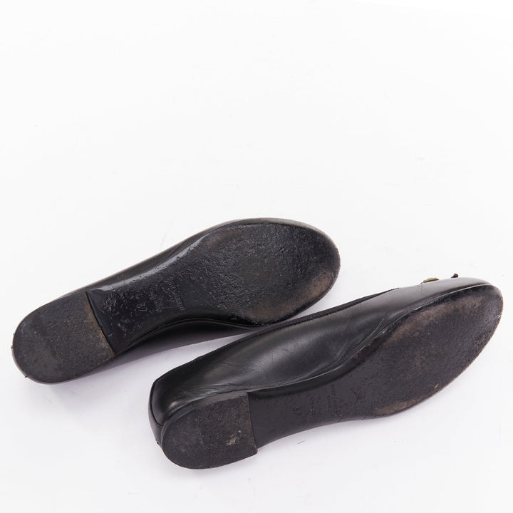 SAINT LAURENT Seta black leather rhinestone crystal bow ballerina flats EU37