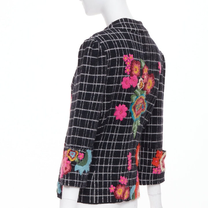 KENZO 2008 Vintage black white grid check wool floral embroidered jacket L