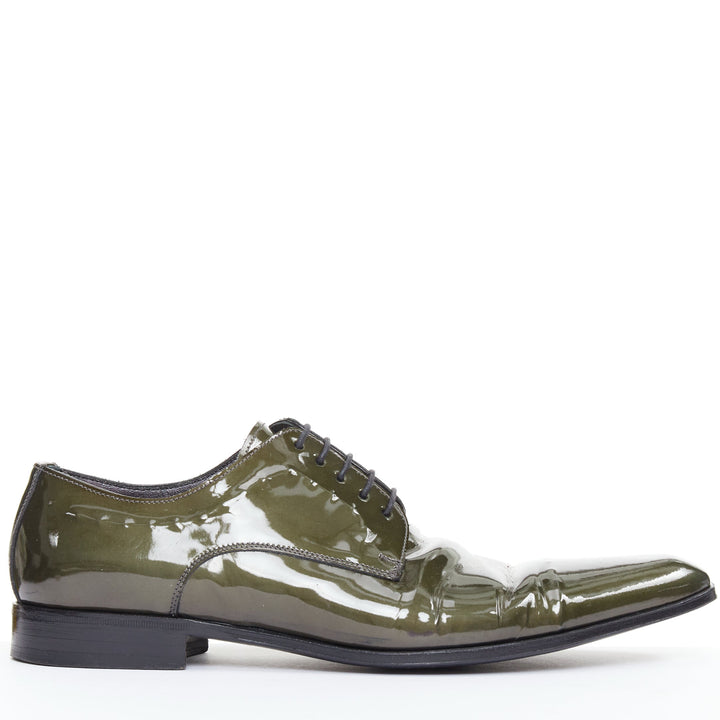DOLCE GABBANA green patent leather pointy lace up brogue shoes UK7 EU41