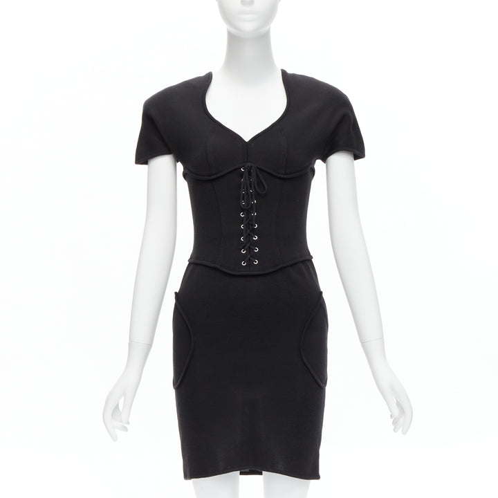 THIERRY MUGLER Vintage black jersey corset lace up waist bodycon dress M