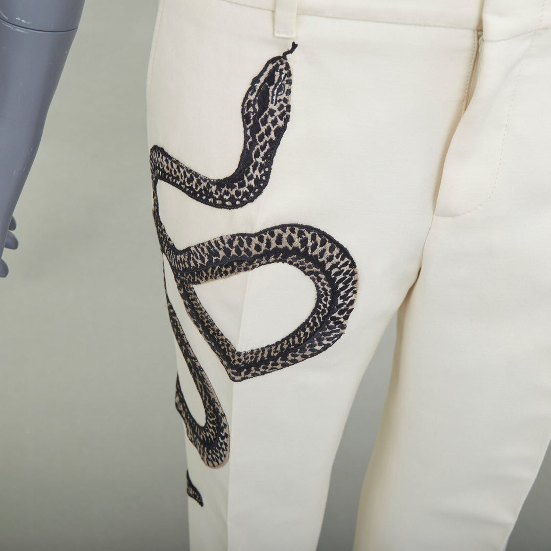 GUCCI 2015 Runway beige snake floral embroidered silk cotton trousers IT40 S