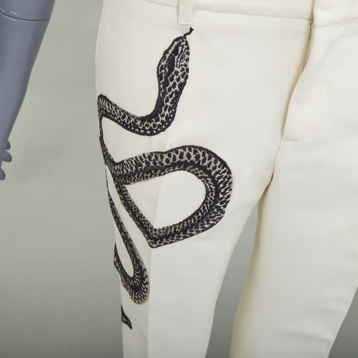 GUCCI 2015 Runway beige snake floral embroidered silk cotton trousers IT40 S
