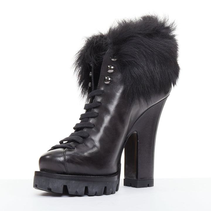 PRADA 2011 Calzature Donna black leather fur trim half wedged ankle boots EU