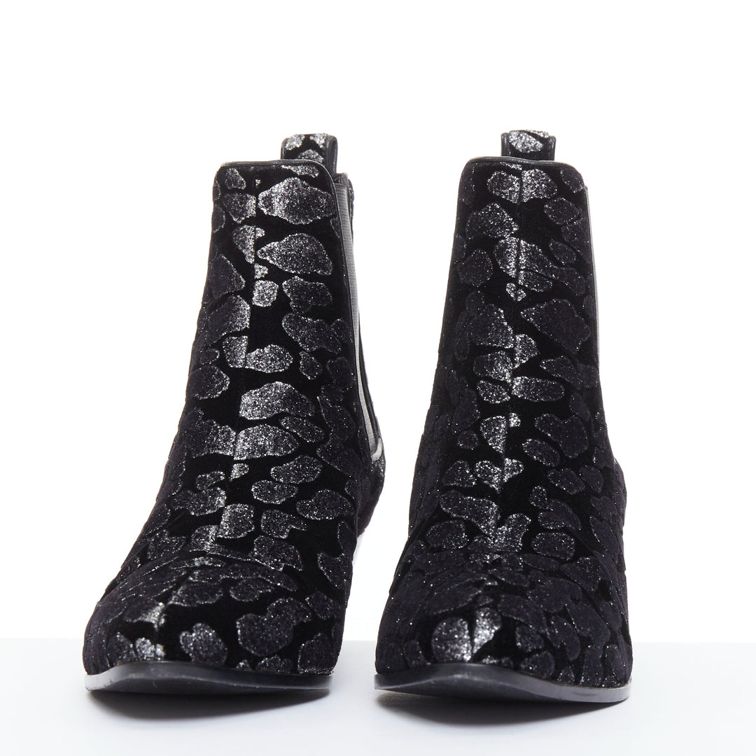 SAINT LAURENT Rock Leopard black grey glitter leopard velvet chelsea boots EU36