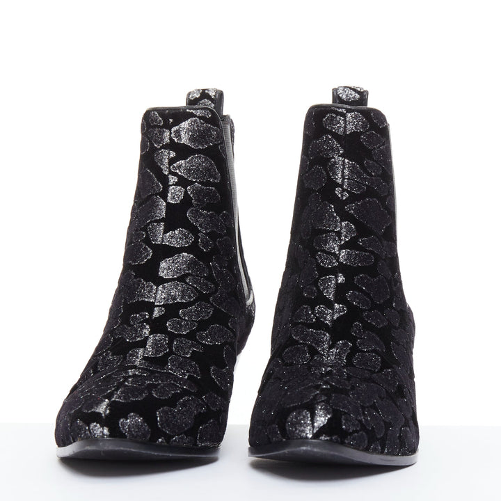 SAINT LAURENT Rock Leopard black grey glitter leopard velvet chelsea boots EU36