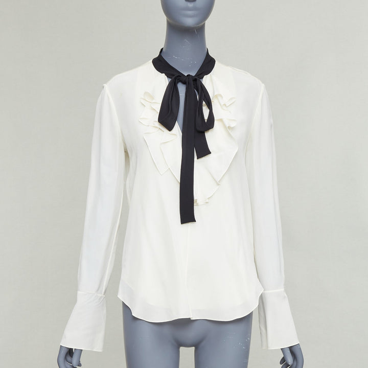 CHLOE milk cream black 100% silk tie neck ruffled peasant blouse FR36 S