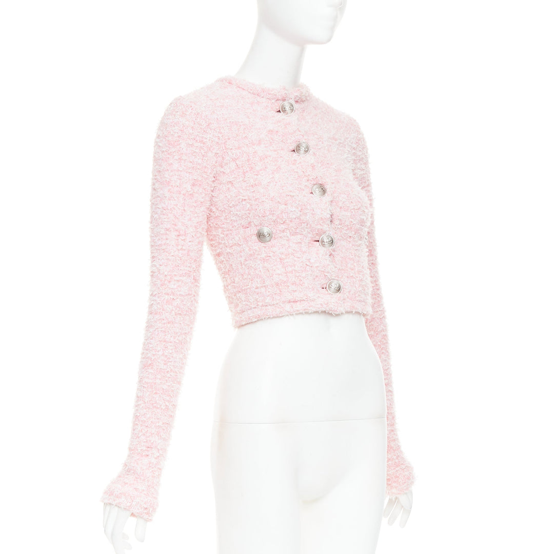 BALENCIAGA Demna 2024 pink cotton blend tweed BB logo cropped jacket XS