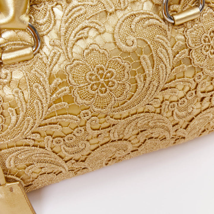 PRADA 2008 Runway Gold Oro Lace Pizzo gold macrame lace bar handle Bowler bag