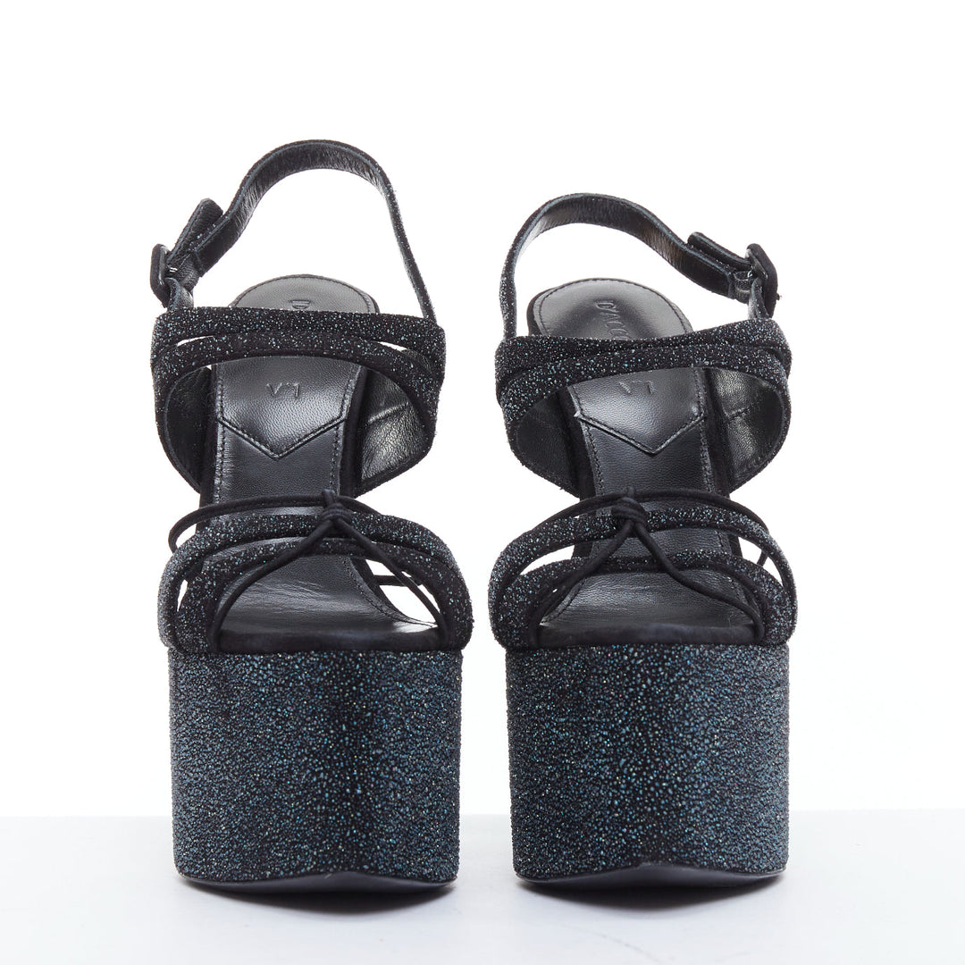 D'ACCORI Belle galactic black glitter textured platform sandal heels EU39