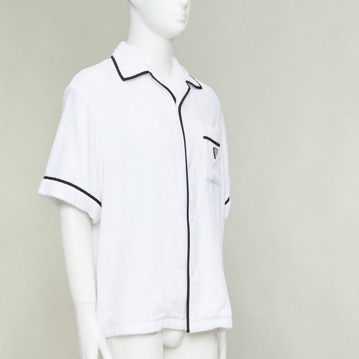 PRADA 2021 white terry towelling black triangle logo plaque bowling shirt M
