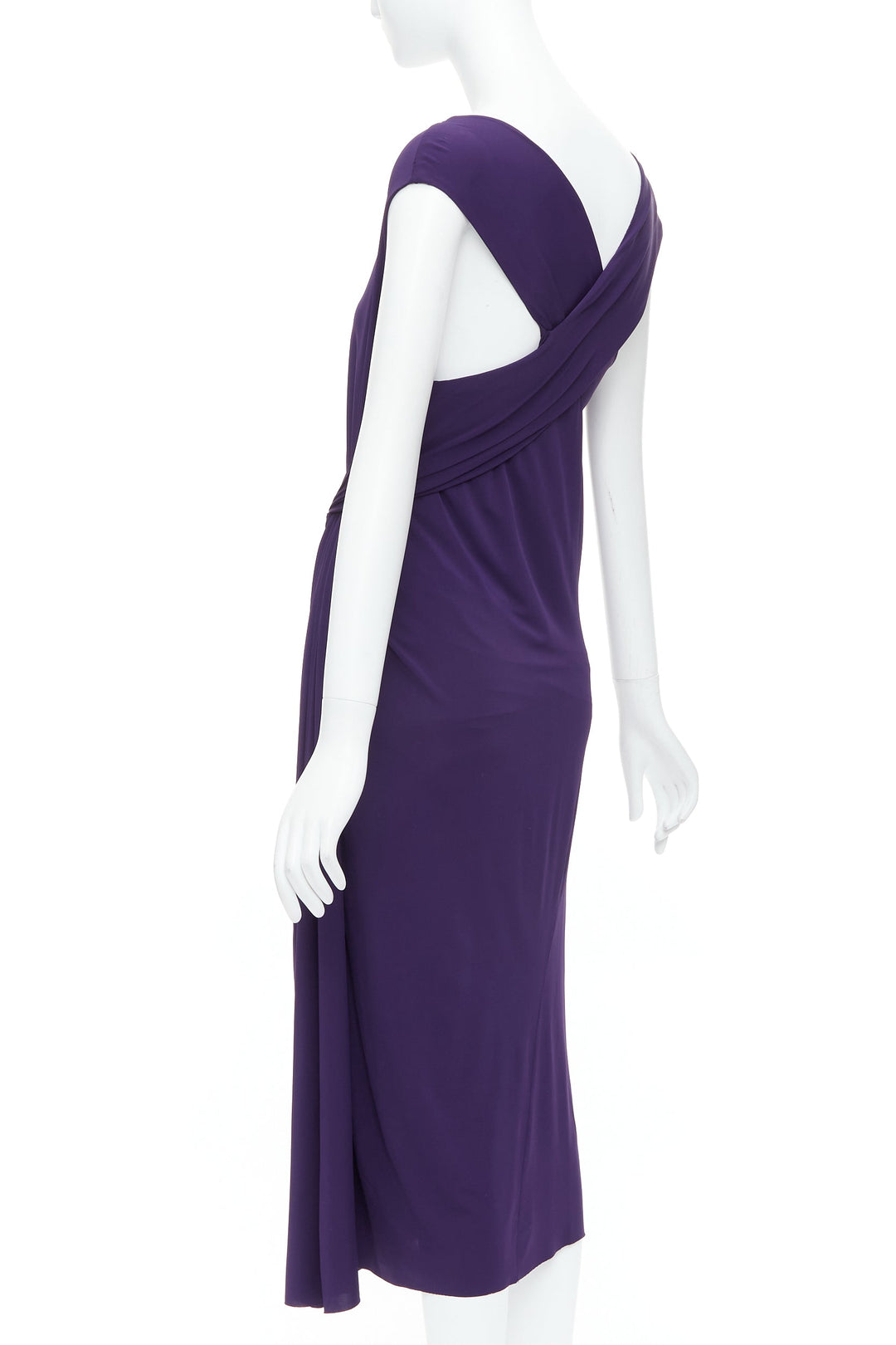 DONNA KARAN purple draped side knot criss cross back grecian dress L