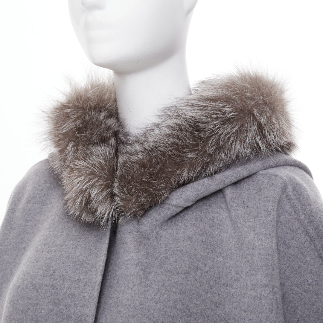 INTUITION PARIS grey cashmere wool real fur hooded removable collar cape coat S