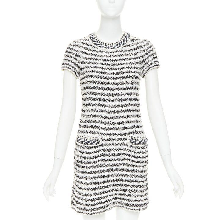 CHANEL 19P black white cotton tweed tweed chunky resin chain trim dress FR34 XS