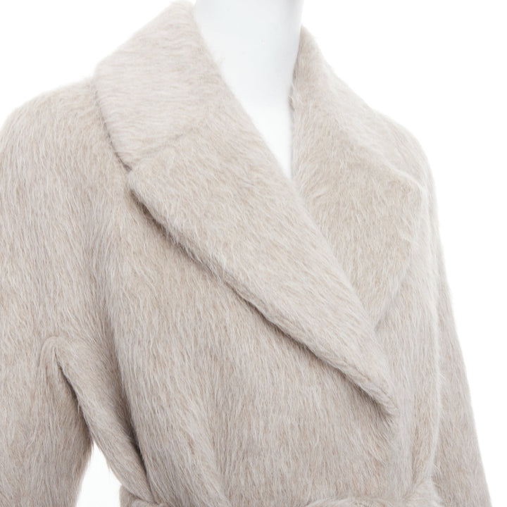 MAX MARA S grey alpaca virgin wool spread collar belted long coat IT38 XS