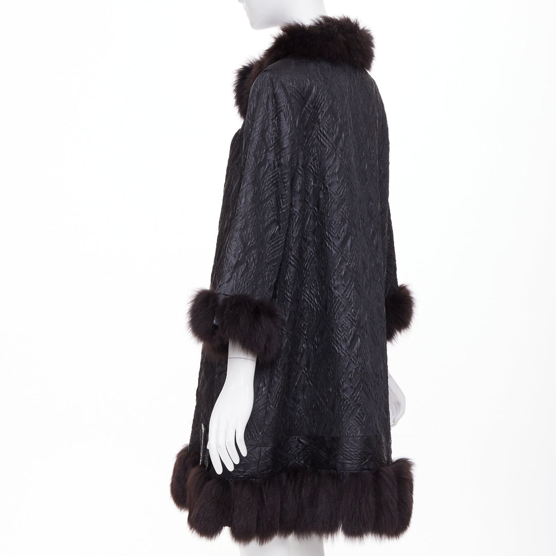ADAM JONES 2004 black textured brocade real fur trim crystal buckle coat FR38 M