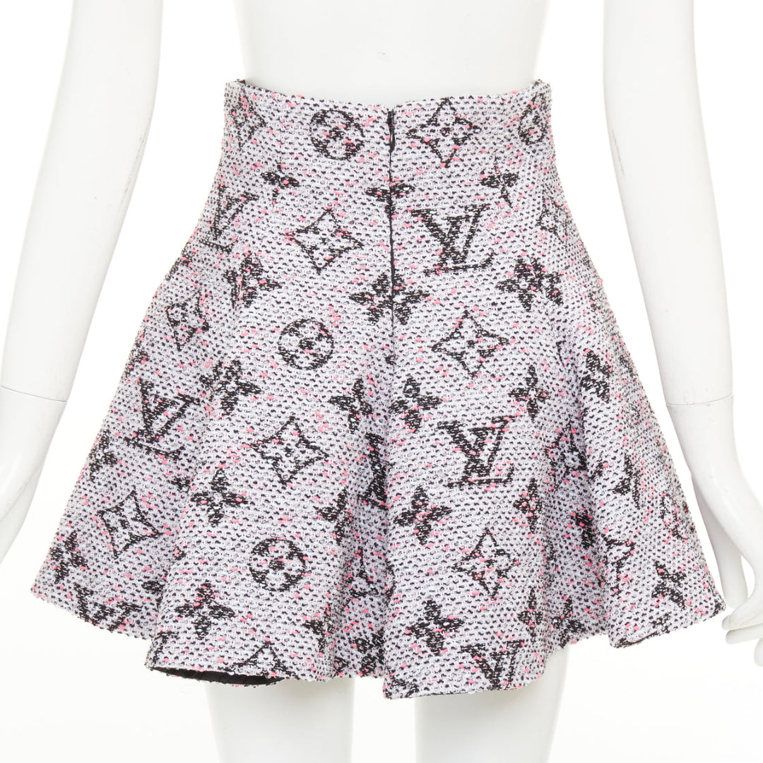 LOUIS VUITTON Monogram Tweed Pleated Circle pink black flared skirt FR34 XXS