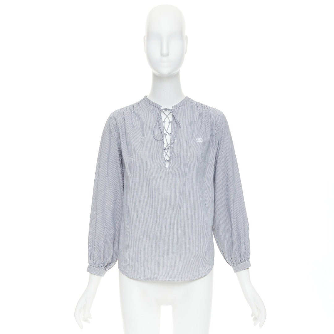 CELINE Romy grey white striped cotton voile lace up front anagram blouse FR36 S