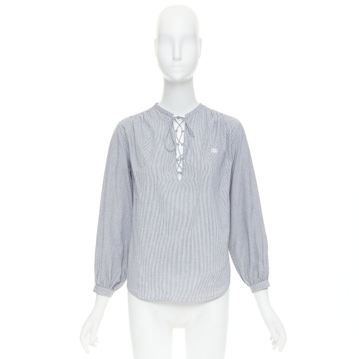 CELINE Romy grey white striped cotton voile lace up front anagram blouse FR36 S