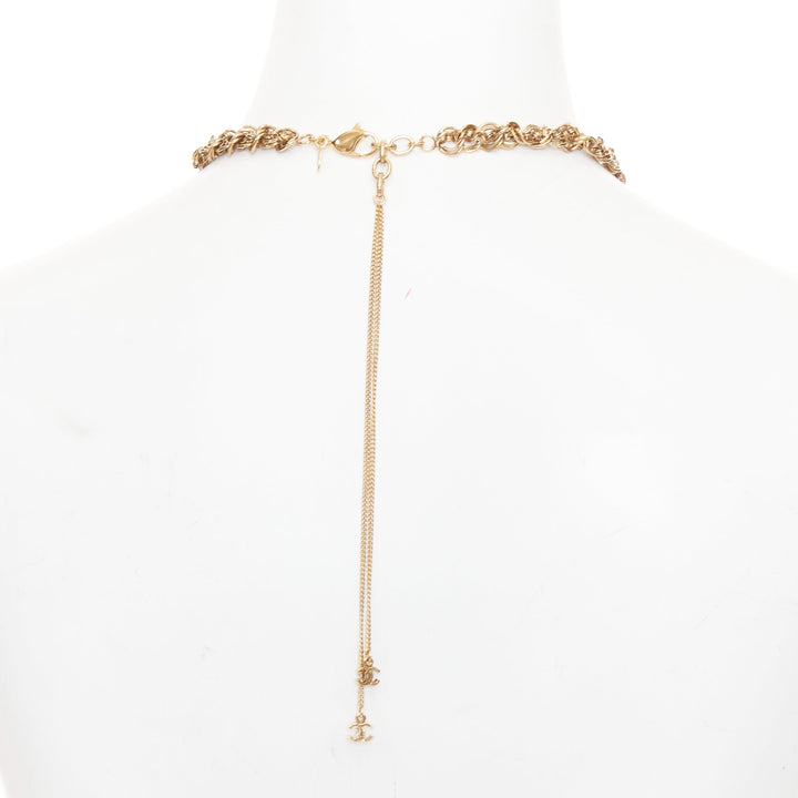 CHANEL 11A aged gold  braided multi link black crystal CC short necklace