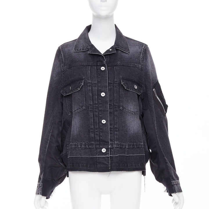 SACAI 2019 grey washed cotton blend denim black nylon hybrid jacket JP2 M