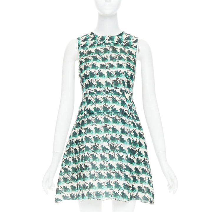 TANYA TAYLOR green cream silk abstract print sleeveless A-line dress US0 XS