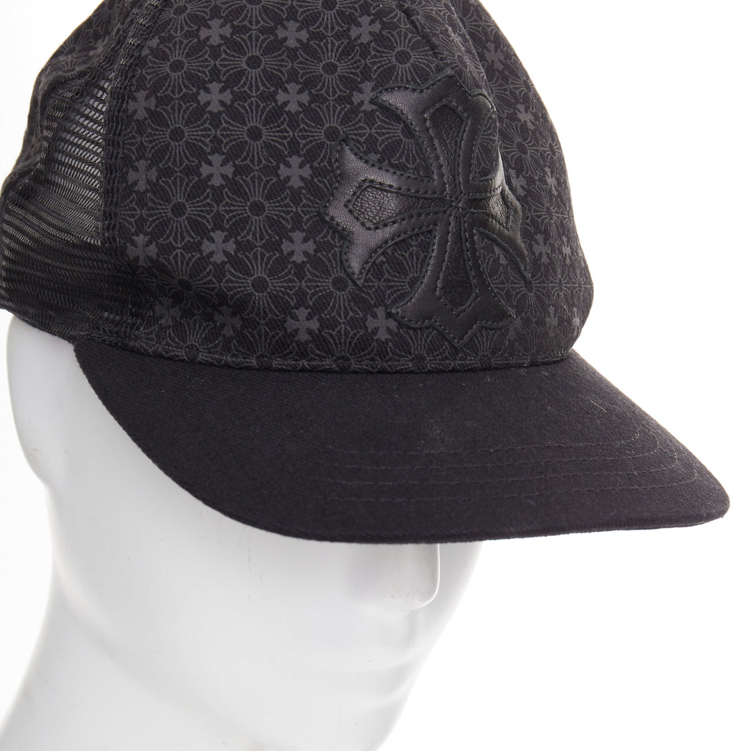 CHROME HEARTS black lambskin leather cemetery cross patch trucker cap 53-60cm