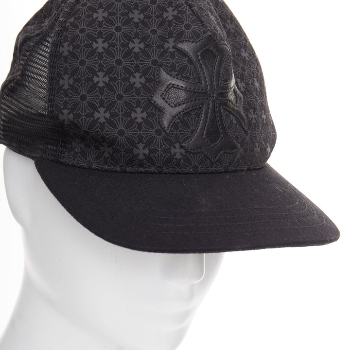 CHROME HEARTS black lambskin leather cemetery cross patch trucker cap 53-60cm