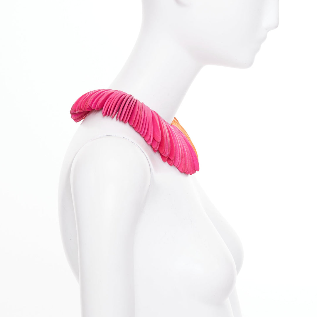 MONIES Gerda Lynggaard orange pink wood disc sculptural statement bib necklace