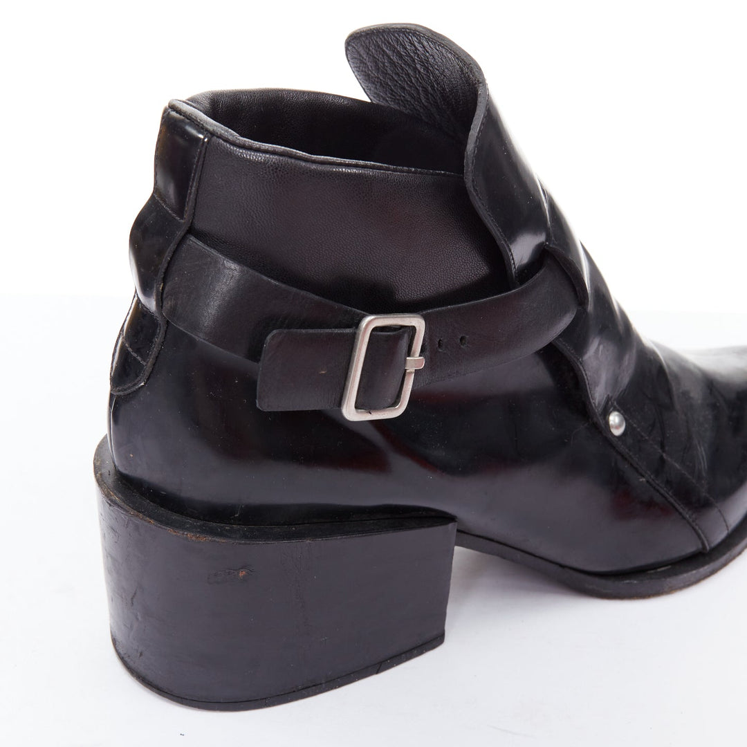 JIL SANDER black leather silver buckle block heel ankle boots EU38