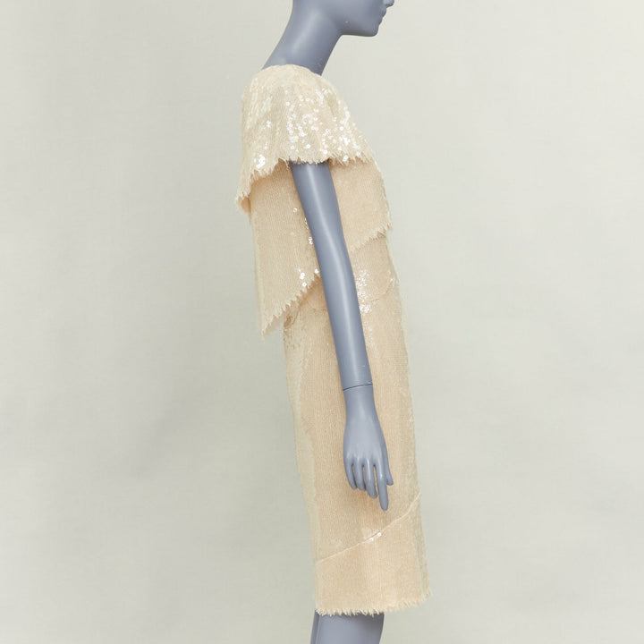 CHANEL Bridal 08P beige sequinned raw edge asymmetric capelet shift dress FR36 S