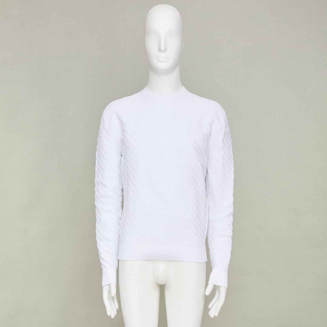 PRADA white zigzag micro texture geometric long sleeve crewneck sweater IT48 M