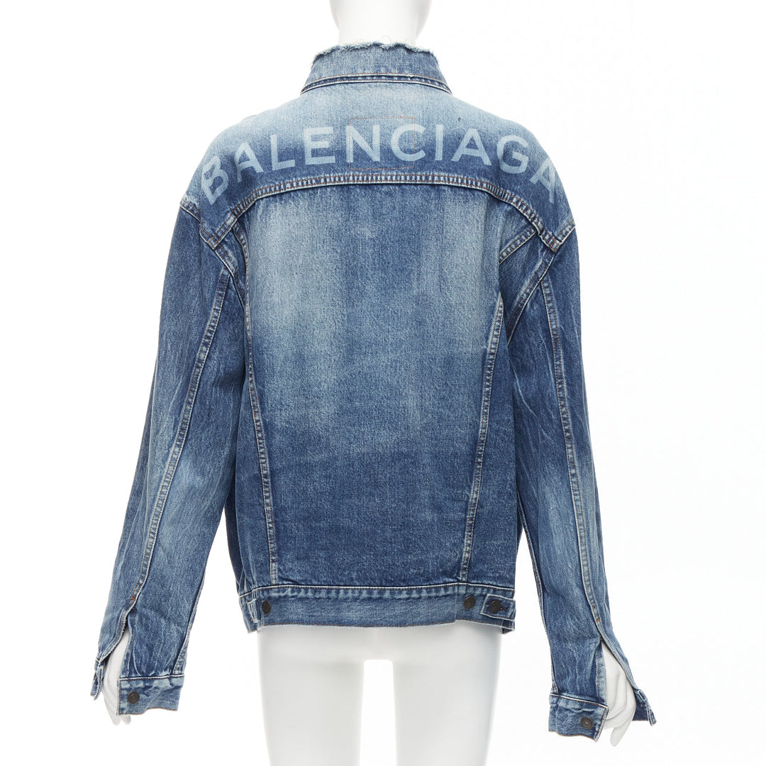 BALENCIAGA 2017 blue distressed denim logo back yoke oversized jacket FR34 XS