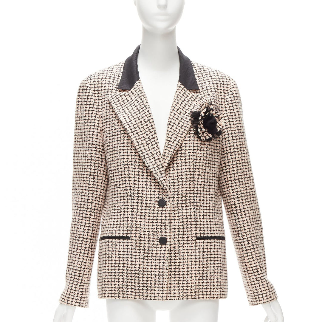 CHANEL Karl 02P pink black tweed Camellia brooch blazer jacket FR46 XXL
