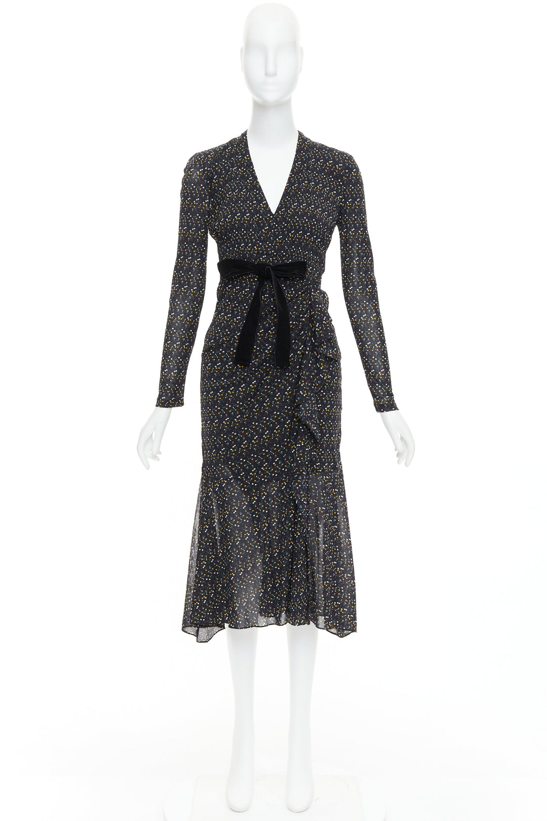 DIANE VON FURSTENBERG black multicolour polka dot bow wrap dress S