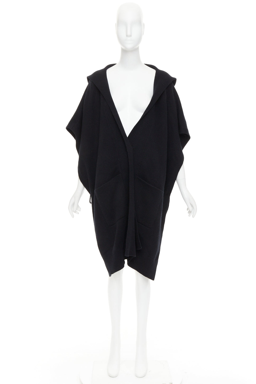 HERMES 100% cashmere black hooded rectangular poncho cardigan coat TU