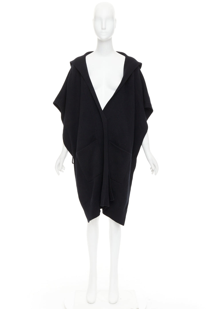 HERMES 100% cashmere black hooded rectangular poncho cardigan coat TU