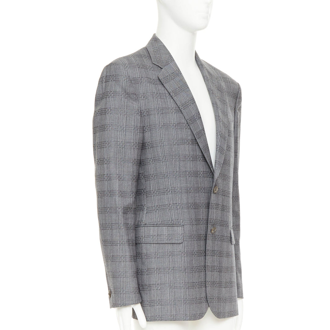 VERSACE grey wool silk blend plaid checked 2 button notched lapel blazer EU50 L