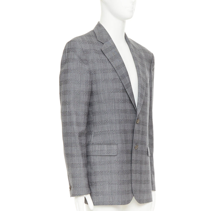 VERSACE grey wool silk blend plaid checked 2 button notched lapel blazer EU50 L