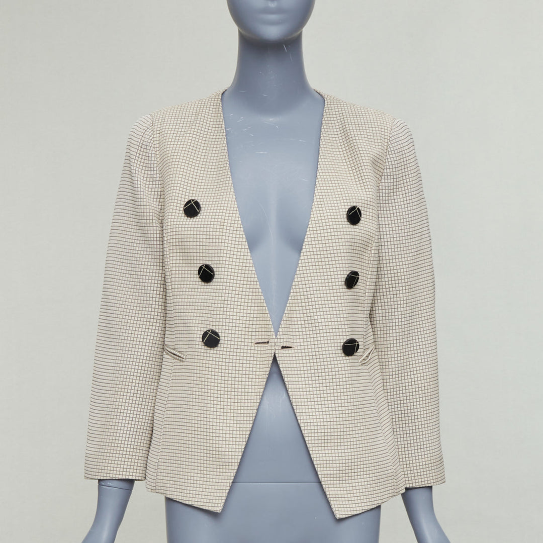 EMPORIO ARMANI beige grid overstitch quilted double breasted blazer IT44 L