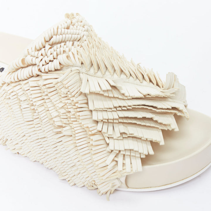 JIL SANDER beige leather fringe platform slides sandals EU38