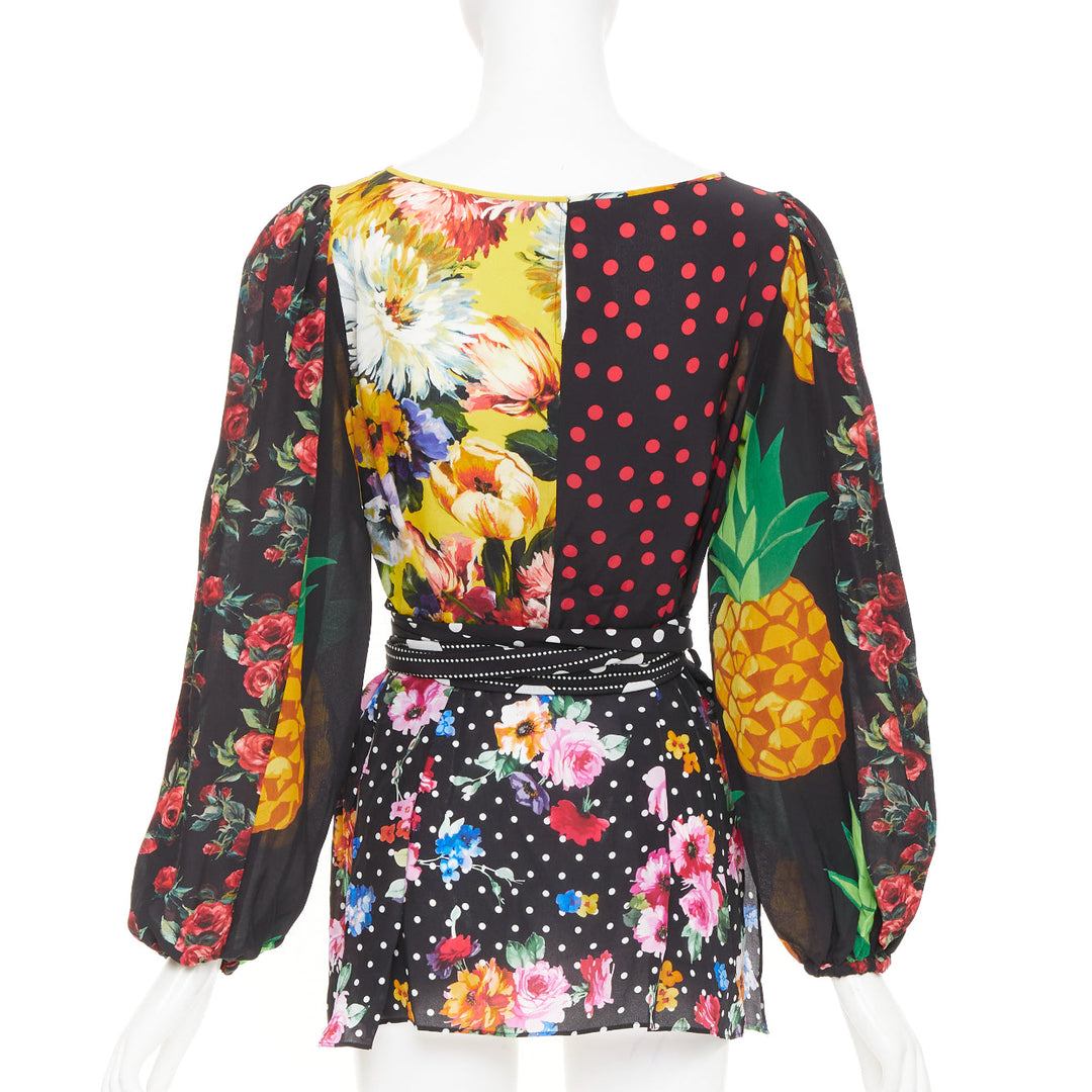 DOLCE GABBANA 2021 Runway patchwork floral pineapple polka dot silk top IT38 XS