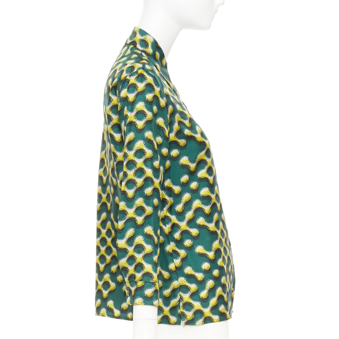 PRADA 2015 100% silk green yellow molecular geometric print shirt IT38 XS