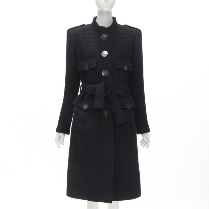 CHANEL 17A Paris Cosmopolite black tweed CC button 4-pocket  belted coat FR44 XL
