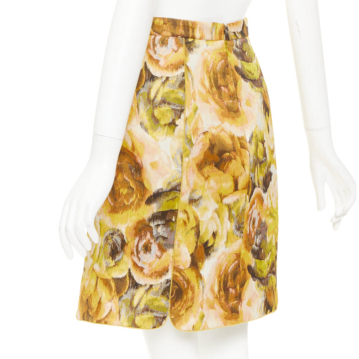 GIAMBATTISTA VALLI gold yellow floral jacquard high waist skirt IT40 XS