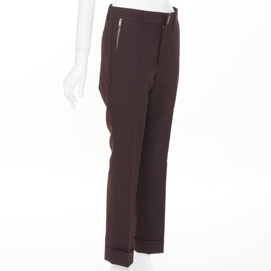 GIVENCHY brown wool blend silver zipper pockets cropped cuffed pants FR46 S