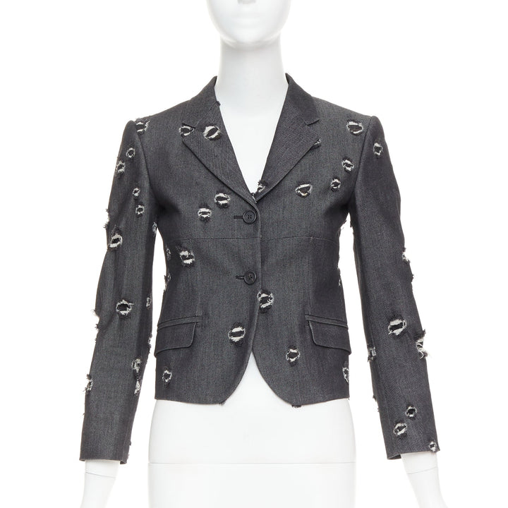 MIU MIU 2009 grey distressed holey cotton crop blazer schoolboy jacket IT38 XS