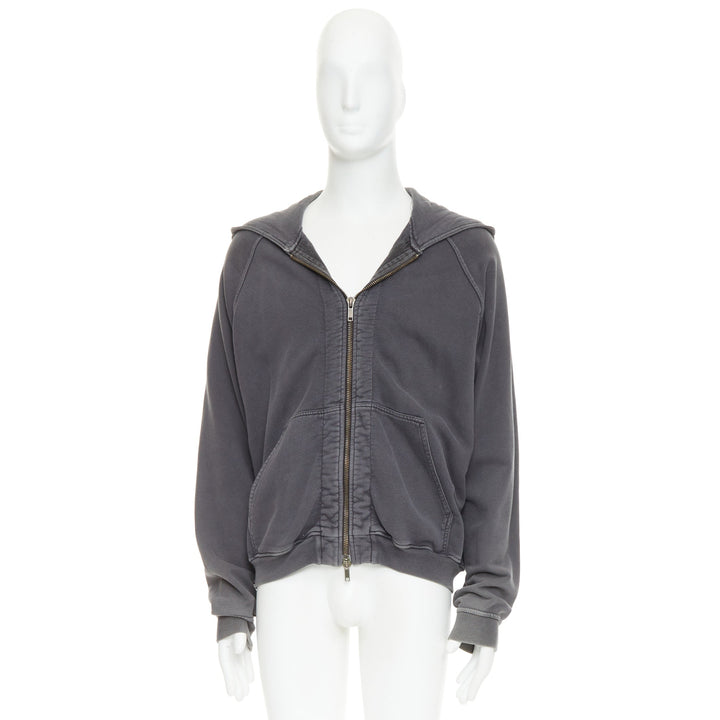 HAIDER ACKERMANN grey washed cotton raglan pocketed zip up hoodie top S