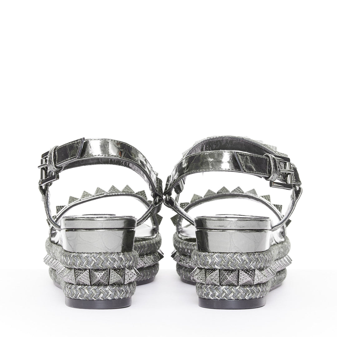 CHRISTIAN LOUBOUTIN Pyraclou 60 Anthracite silver studded espadrille sandal EU38